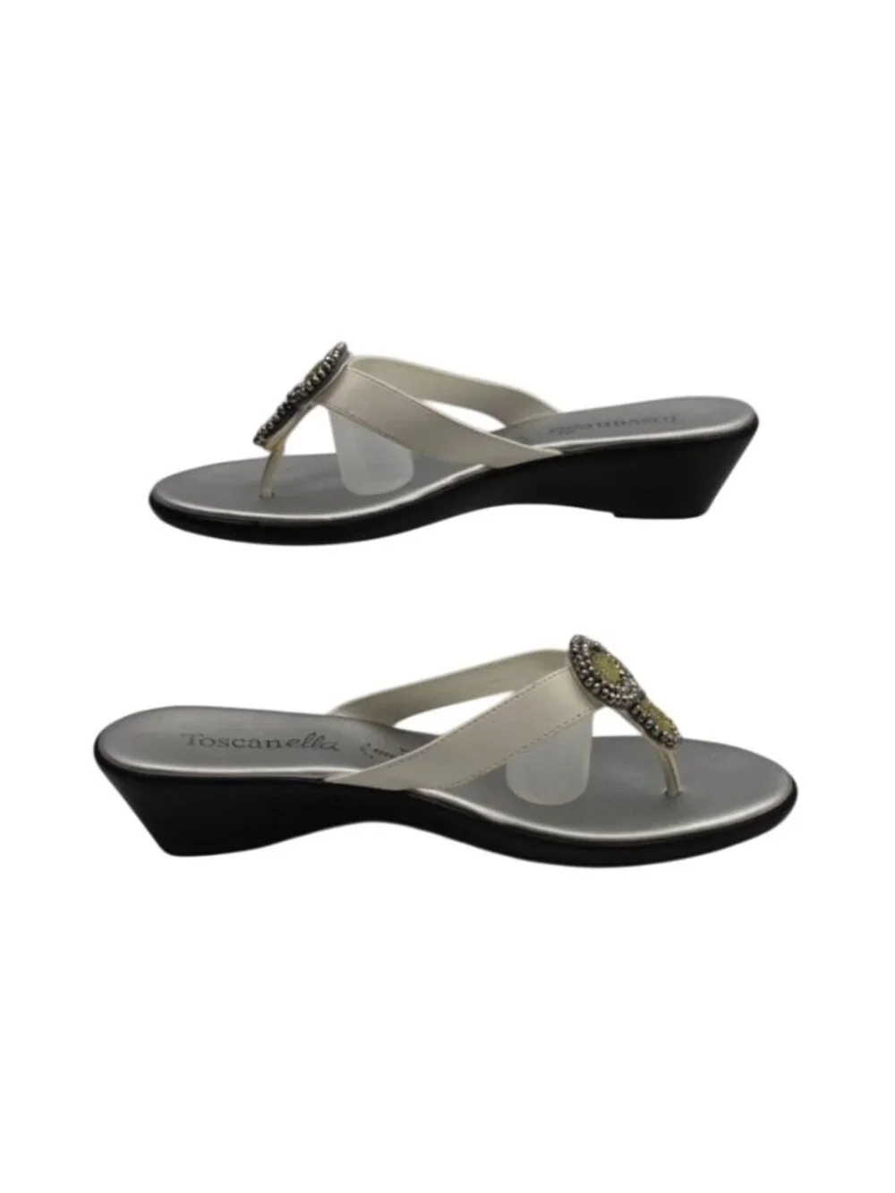 Toscanella Womens 10 White Wedge Sandals Rhinestone Italian Leather Thong Slides